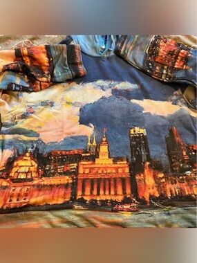 Yitai Cityscape hoodie in Blue, Orange & Cream